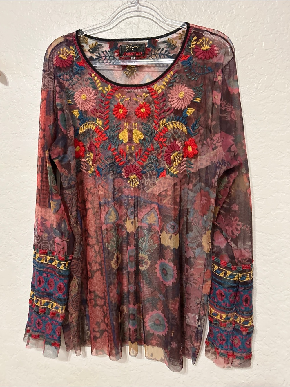 🎀BIYA JOHNNY WAS Embroidered mesh Floral Long-Sleeve Multicolor size XL GUC - Picture 2 of 14
